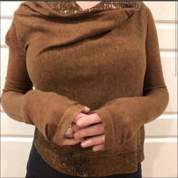 YA-YA CASHMERE SEQUIN BROWN WRAP CARDIGAN SWEATER S - Picture 2 of 6